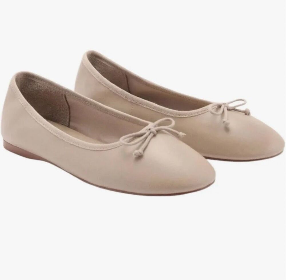 Mango MNG  Leather Ballet Flats Bow Detail Beige Womens EU 41 Mango NEW